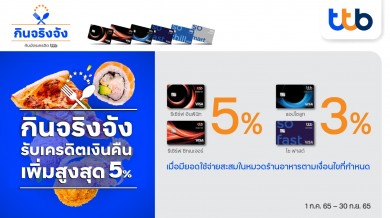 บัตรเครดิต ทีทีบี เอาใจสายกิน รับเครดิตเงินคืนเพิ่มสูงสุด 5%
