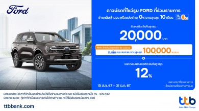 บัตรเครดิต-บัตรกดเงินสด ttb มอบสิทธิ์สุดคุ้ม ดาวน์รถที่โชว์รูม FORD รับเครดิตเงินคืนสูงสุด 20,000 บาท