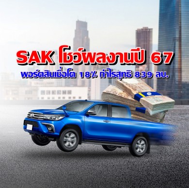 SAK โชว์ผลงานปี 67 พอร์ตสินเชื่อโต 18% กำไรสุทธิ 839 ล้านบาท เพิ่มขึ้น 12%
