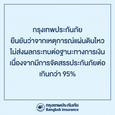 กรุงเทพประกันภัย ยัน ‘แผ่นดินไหว’ ไม่กระทบฐานะการเงินเนื่องจากจัดสรรประกันภัยต่อเกินกว่า 95%