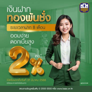 ธ.ก.ส. ชวนออมเงินกับ “เงินฝากทองพันชั่ง” รับดอกเบี้ยทันทีร้อยละ 2 ฝากเลยวันนี้
