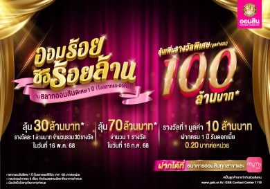 ‘ออมสิน’ ฉลองวันสถาปนา ผุดสลากพิเศษแคมเปญ “ออมร้อย ชิงร้อยล้าน” ฝาก 100 ลุ้น 100 ล้าน