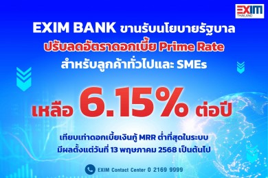 EXIM BANK ปรับลดอัตราดอกเบี้ย Prime Rate เหลือ 6.15% ต่อปี ช่วยลูกค้า SMEs