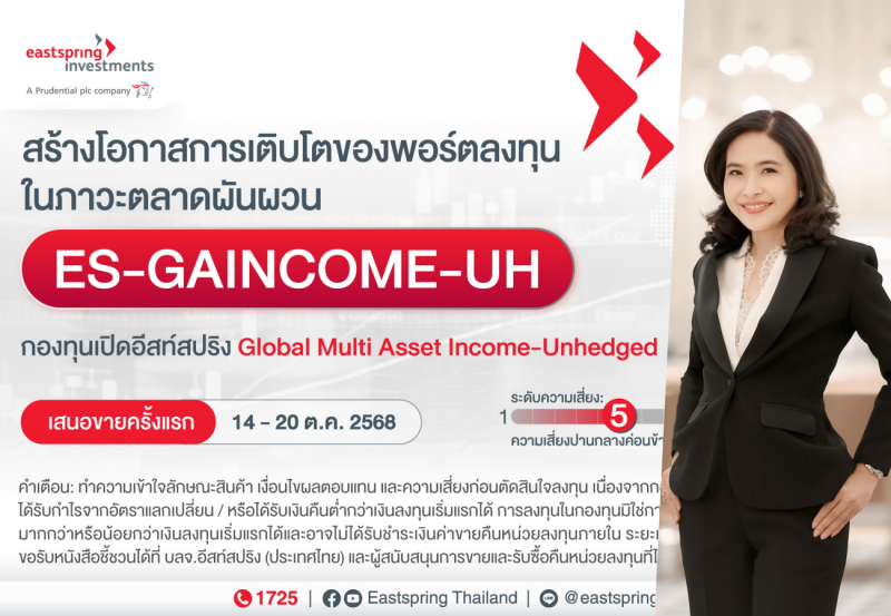 บลจ.อีสท์สปริง เปิด “ES-GAINCOME-UH” เพิ่มอีก 1 กอง IPO 14-20 ต.ค.68 นี้