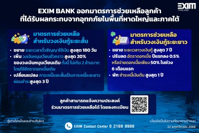 EXIM BANK ออกมาตรการช่วยเหลือลูกค้าที่ได้รับผลกระทบจากอุทกภัยในพื้นที่หาดใหญ่และภาคใต้