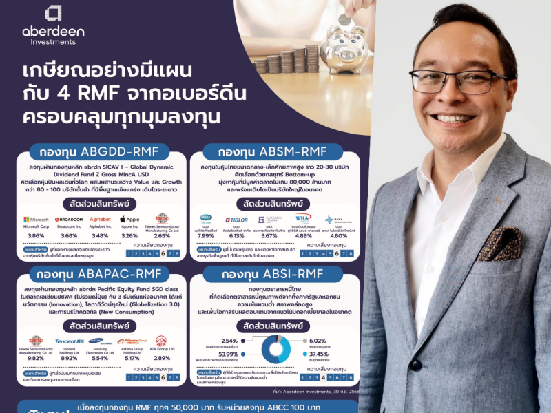“อเบอร์ดีน” คัดกองทุน RMF ตัวเด็ด ตอบโจทย์ทุกเป้าหมายการลงทุนชวนเกษียณอย่างมีแผนกับ “4 RMF” ครอบคลุมทุกมุมลงทุน