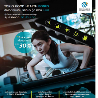 โตเกียวมารีนประกันชีวิต เปิดตัวสัญญาเพิ่มเติมใหม่ “โตเกียว กู๊ด เฮลธ์ โบนัส” ผลประโยชน์สูงสุด 30 ล้านบาท พร้อมส่วนลดเบี้ยถึง 30%