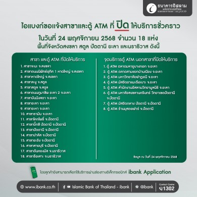 ไอแบงก์ แจ้งปิดสาขาและตู้ ATM ในพื้นที่เสี่ยงน้ำท่วมชั่วคราวแนะทำธุรกรรมผ่านแอปพลิเคชันทดแทน