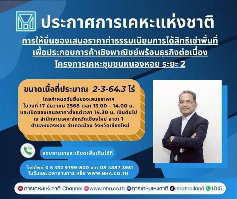 การเคหะแห่งชาติเปิดยื่นข้อเสนอสิทธิเช่าที่ดินโครงการเคหะชุมชนหนองหอย ระยะ 2