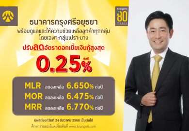 กรุงศรี ปรับลดอัตราดอกเบี้ยเงินกู้สูงสุด 0.25% มีผลวันที่ 24 ธ.ค. 2568