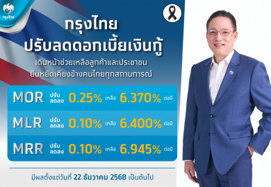 กรุงไทยปรับลดอัตราดอกเบี้ยเงินกู้สูงสุด 0.25% ต่อปี มีผล 22 ธ.ค.นี้