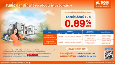 ธอส. จัดทำสินเชื่อปลูกสร้างที่อยู่อาศัยบนที่ดินของตนเอง ผ่อนปีแรกเริ่มต้นเดือนละ 2,500 บาท เท่านั้น ธอส. จัดทำสินเชื่อปลูกสร้างที่อยู่อาศัยบนที่ดินของตนเอง ผ่อนปีแรกเริ่มต้นเดือนละ 2,500 บาท เท่านั้น