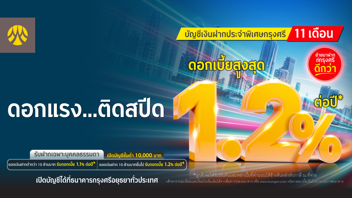 ดอกแรง…ติดสปีด เปิดบัญชีเงินฝากประจำพิเศษ 11 เดือน กับกรุงศรี รับดอกเบี้ยสูงสุด 1.20% ต่อปี